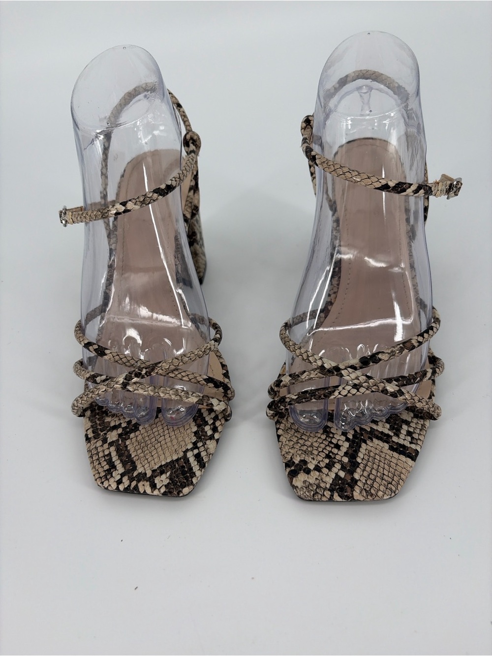 BAMBOO Snake-Print Strappy Block Heel Sandals - Beige/Black
